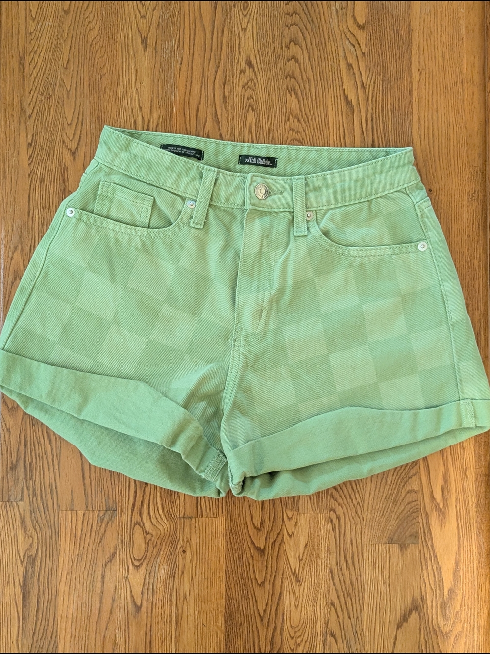 Wild Fable Green Checkered Denim High Rise Mom Shorts Roll Cuff
